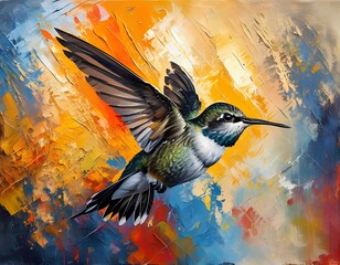 Hummingbird portrait. Painted portrait of a hummingbird (bird, nature, wildlife) with vivid colors (colorful, green) and realistic details (feathers, eyes, beak). Painting technique (watercolor, oil,