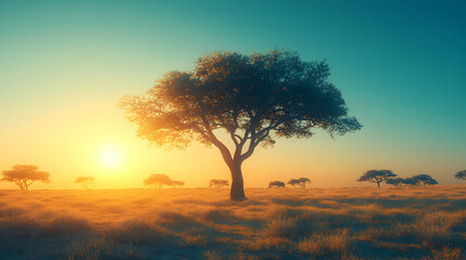 Serene sunrise over African savanna with lone acacia tree.