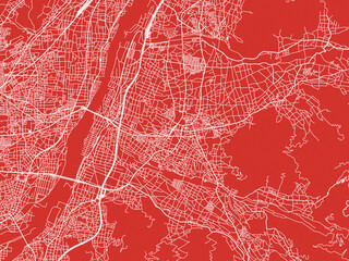 Christmas Map of Suzaka, Japan in Snowy White on Festive Red Background.