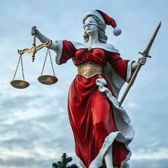 Statue of Lady Justice in Santa claus costume. Symbol fairness and the rule of law. Abstract.