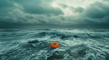 Obraz premium orange life buoy floating on rought sea