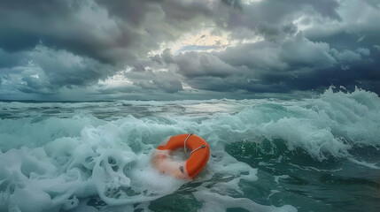 Obraz premium orange life buoy floating on rought sea