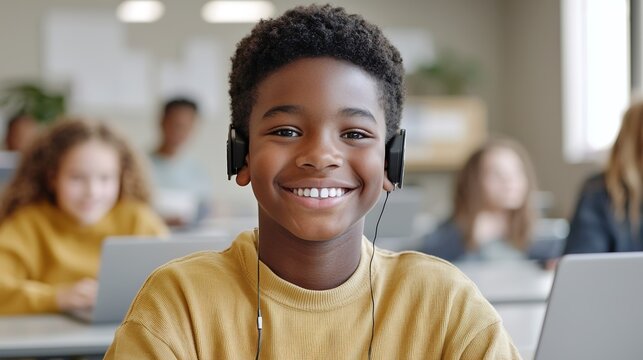 A close-up of assistive technology being used by a student with a visual impairment in a classroom environment, showcasing supportive tools like braille displays, with focused attention on the