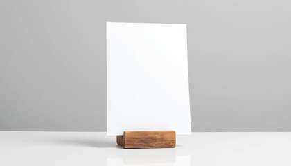 Blank A4 paper mockup displayed on a wooden stand in a sleek environment