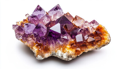 Vibrant amethyst crystal cluster with stunning purple and orange hues.