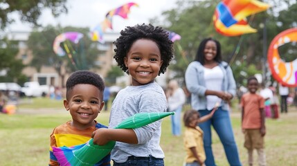 A candid moment of a mixed-race family enjoying outdoor activities in a lush park, with children flying kites and parents watching with smiles. The vibrant colors of the park create a cheerful