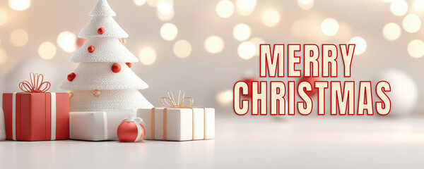 Merry Christmas Celebration Banner with 3D Xmas Tree, Gift Boxes and Bauble in Bokeh Background Photo.