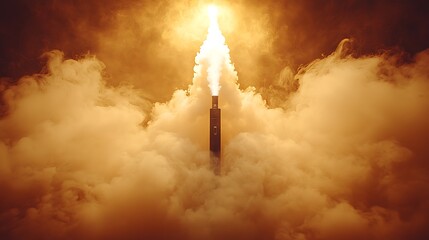 Rocket launch, fiery plume, smoke clouds, atmospheric ascent.