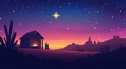 Guiding Light: A serene depiction of the nativity scene under a vibrant night sky, the silhouette of the holy family stands before the humble stable, and the North Star shines brightly
