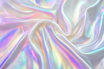 Obraz premium Texture of a holographic rainbow fabric, creating a pastel abstract backdrop ideal for cosmetic or product advertising.