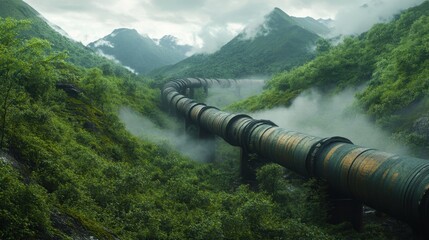 Industrial Pipeline Through Lush Green Mountain Landscape.
