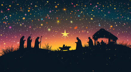 Christmas Nativity Silhouette: A tranquil illustration depicts the nativity scene silhouetted against a vibrant twilight sky filled with twinkling stars, evoking the warmth and wonder of the season.