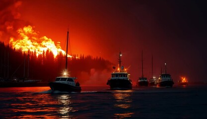 In the haunting glow of a shoreline inferno, silhouetted boats make their daring escape into the night, leaving the chaos behind. 
