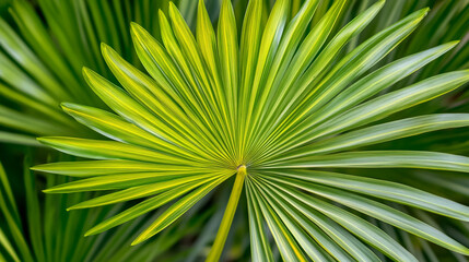 Green palm leaves radiating from a central point in a tropical garden