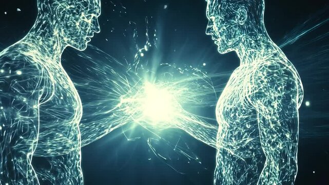 Interconnectedness: Two ethereal figures, rendered in a network of glowing lines, exchange energy in a mesmerizing display of connection and unity.