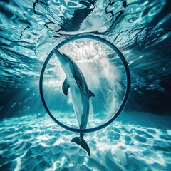 Dolphin swimming through a hoop underwater.