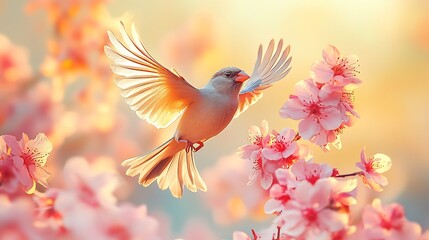 Obraz premium A bird in flight amidst blossoming pink flowers, bathed in warm sunlight.