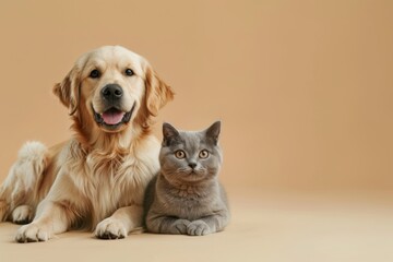 A cheerful golden retriever puppy and a British Shorthair cat sitting side by side on a pastel beige background with copy space.