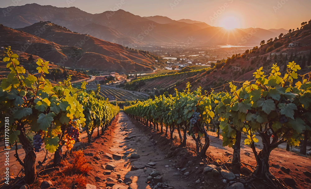 Poster a vineyard with a sun setting in the background. the sun is setting behind the hills and the vineyar
