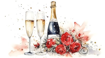 Champagne bottle and two glasses celebrating new year's eve with red flowers and watercolor splashes