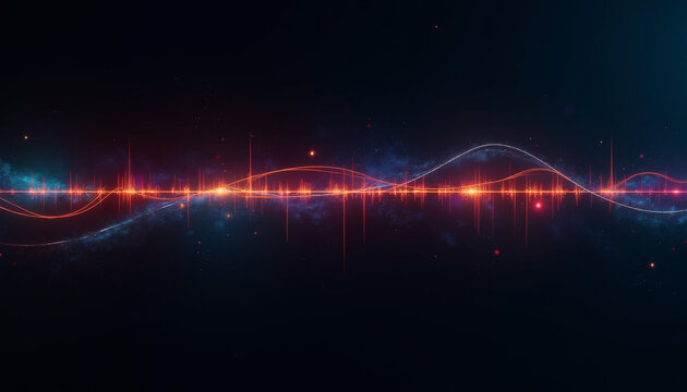 Editing timeline visualization, abstract sound wave with vibrant colors, dark background