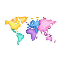 Colorful watercolor world map with vibrant continents isolated on transparent background