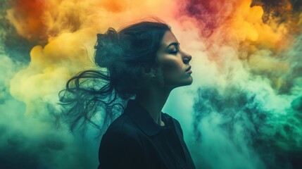 Serene Woman Amidst Vibrant Smoke