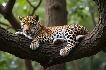 Relaxed leopard resting on tree branch in lush forest