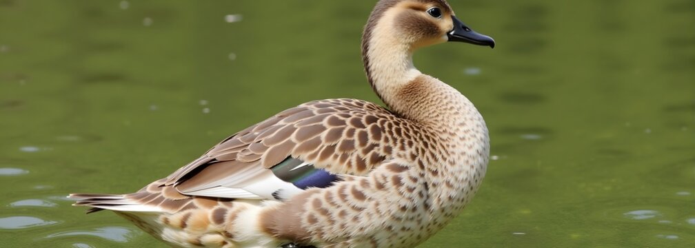 Graceful duck standing in tranquil green pond