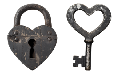 Key and lock in heart shape for valentine’s day. Isolated PNG photo