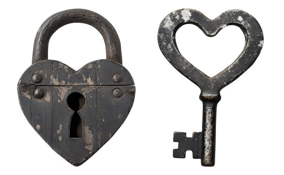 Key and lock in heart shape for valentine’s day. Isolated PNG photo - Powered by Adobe
