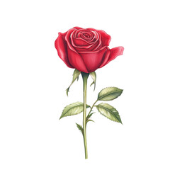 Naklejka premium beautiful red rose with green leaves, symbolizing love and passion, perfect for various occasions. isolated on transparent background