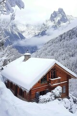 There is a house with snow on top and a snow-colored forest in the snow-capped mountains