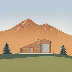 illustrated wooden cabin in the mountains