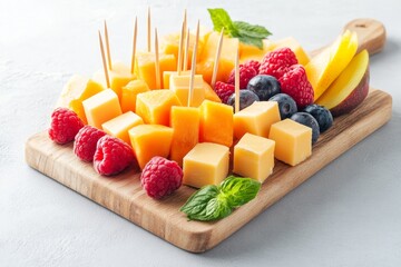 Creative cheese board arrangement featuring vibrant cheese cubes and fresh fruit slices on a stylish platter