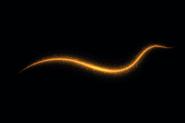 A shimmering golden light trail with sparkling particles, set against a dark black background
