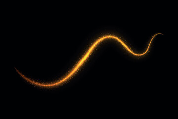 A shimmering golden light trail with sparkling particles, set against a dark black background