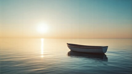 Fototapeta premium Serene Rowboat Floating on Calm Waters During a Peaceful Sunrise