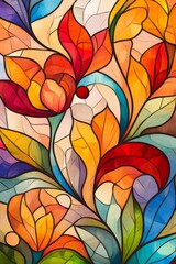 Creative illustration featuring art nouveau style stained glass design with vibrant colors and organic floral shapes illuminating a tranquil space