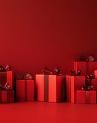 A pile of gift boxes on the ground on a red background