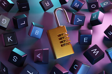 Golden combination padlock among black keyboard key caps under neon lighting. 3D illustration of the concept of cybersecurity and strength of passwords