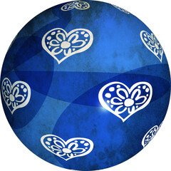 Sphère ou globe décoré, bleu avec des coeur stylisé et texture vieux papier