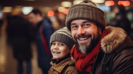 Father and Son Smiling in a Busy Station