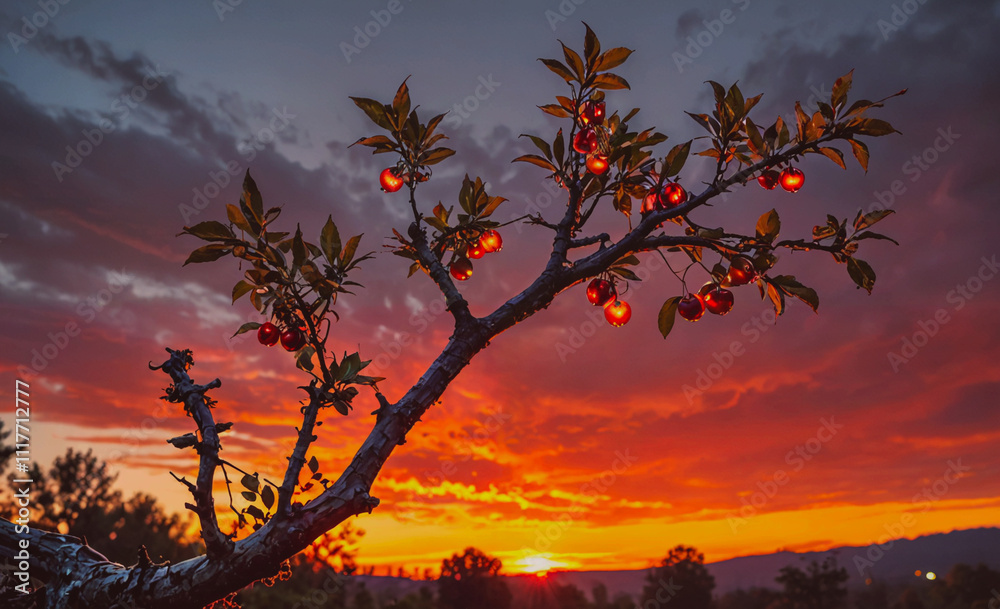Aufkleber a tree with red fruit hanging from it is silhouetted against a beautiful sunset in the background. t