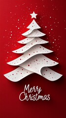 Christmas tree on a red background with a star on top and snowflakes falling around it