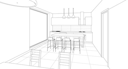 interior kitchen living room 3d illustration	
