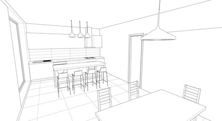 interior kitchen living room 3d illustration	
