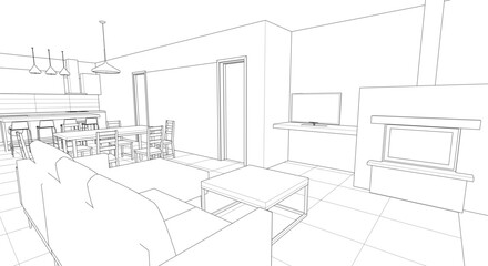 interior kitchen living room 3d illustration	
