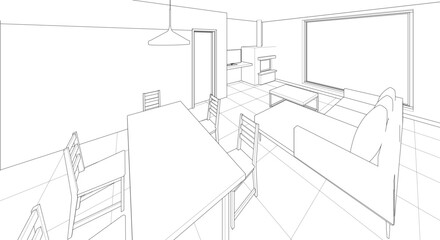 interior kitchen living room 3d illustration	
