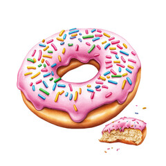 Delicious pink frosted donut with colorful sprinkles, perfect for dessert lovers. Enjoy sweet treat that brings joy and satisfaction! isolated on transparent background